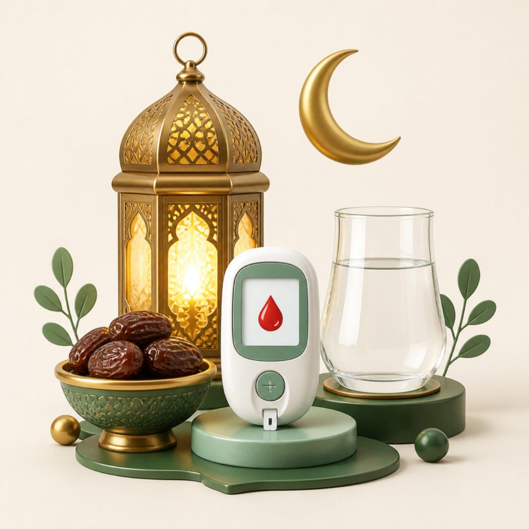 A 3D illustration of a glowing Ramadan lantern, a crescent moon, a bowl of dates, a glass of water and a glucose meter showing a blood drop.