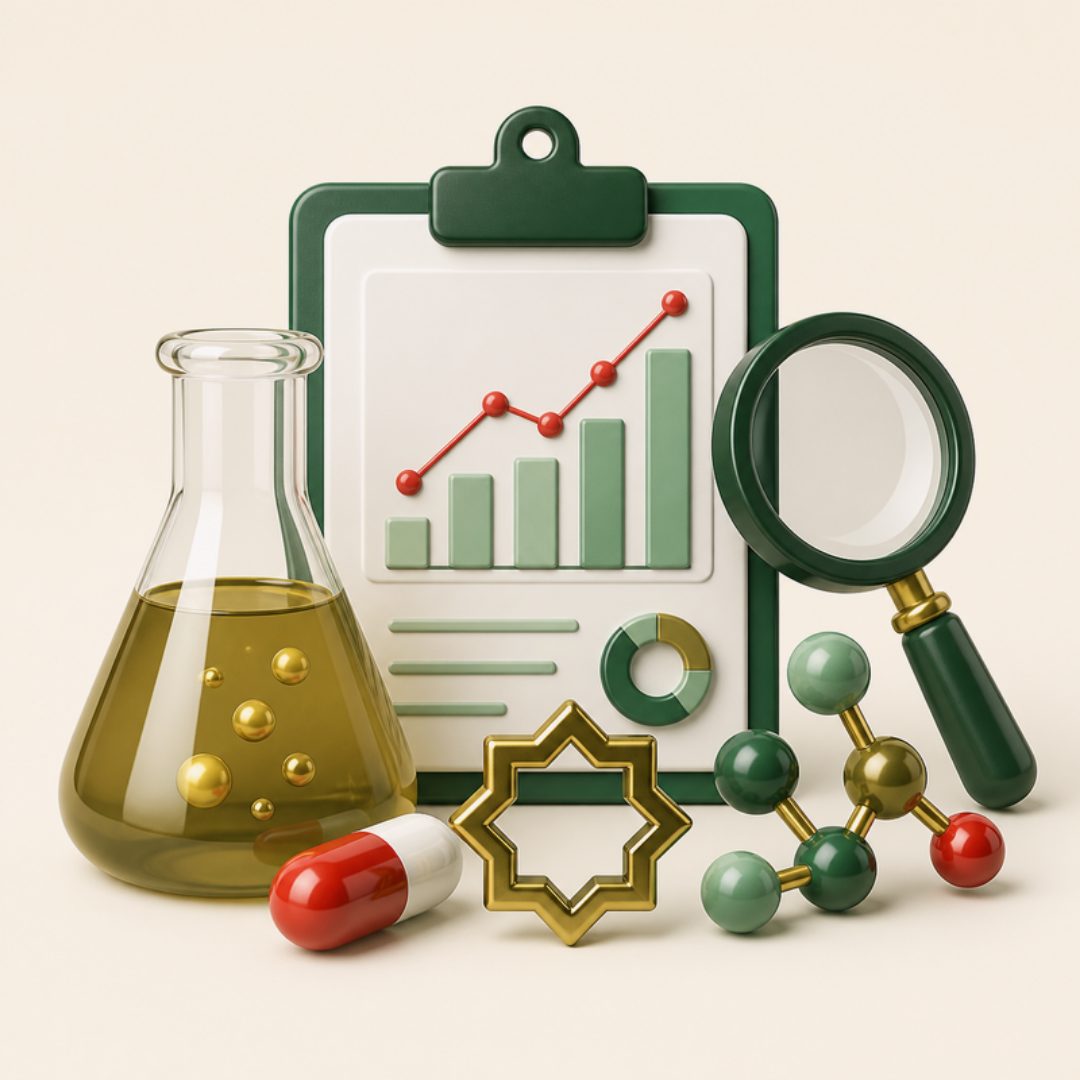 A 3D illustration of a research report with charts, a laboratory flask, a magnifying glass, a capsule, a molecule and an eight-pointed star.