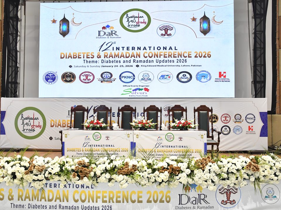 The stage of the 12th International Diabetes and Ramadan Conference 2026, with the conference banner on a large screen